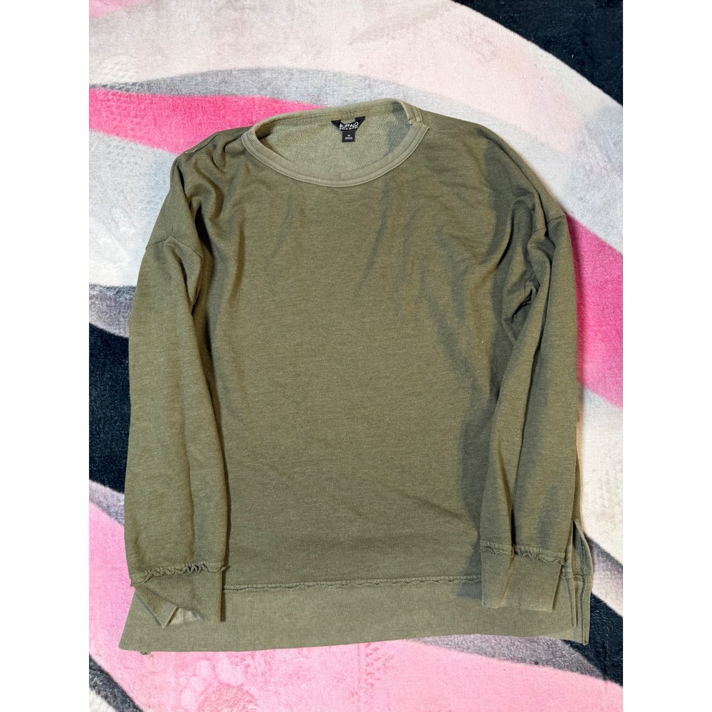 Buffalo David Bitton Womens Olive Green Crewneck Sweatshirt Raw Edge Size M